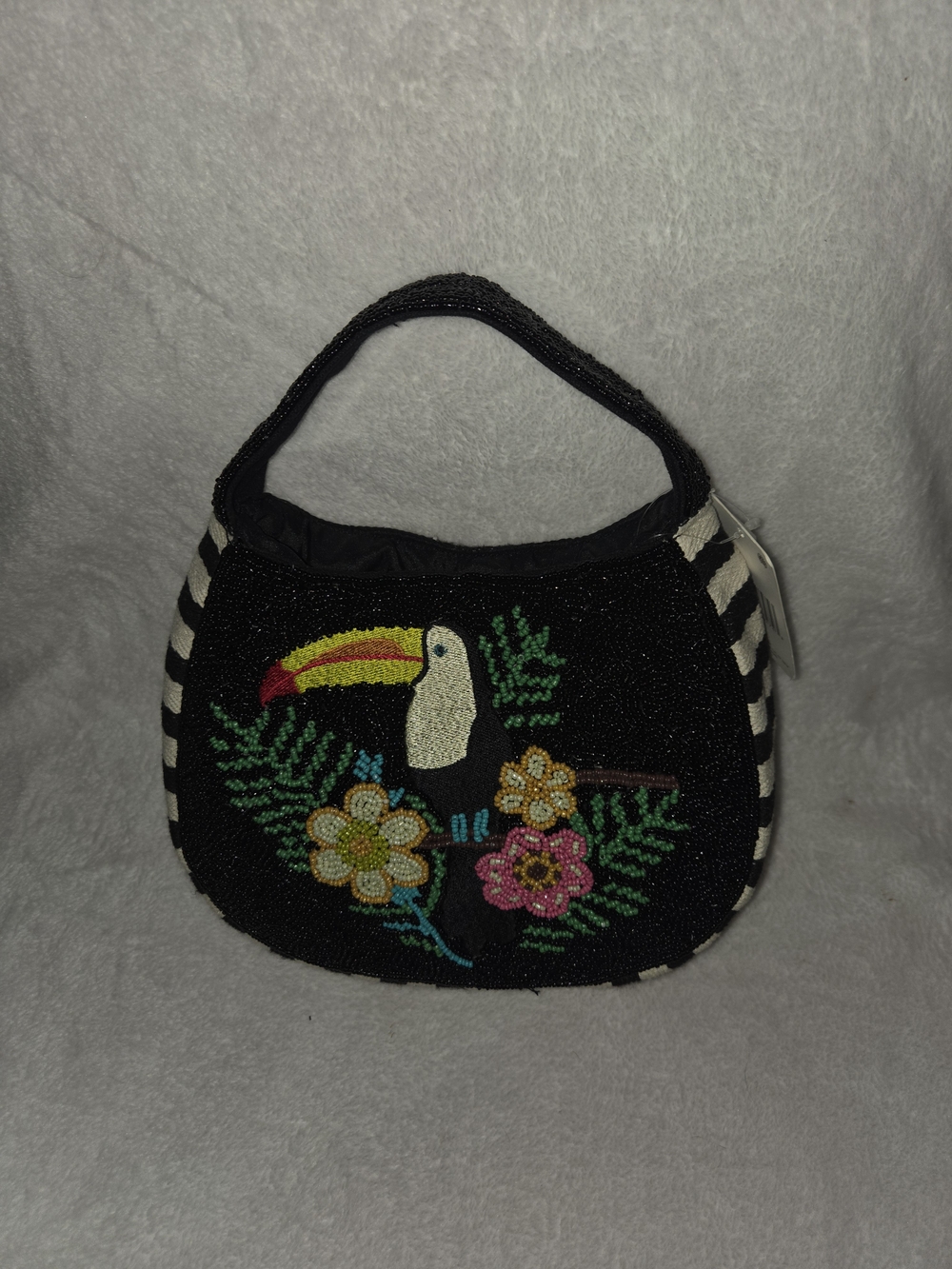 Black Beaded Toucan Floral Handbag